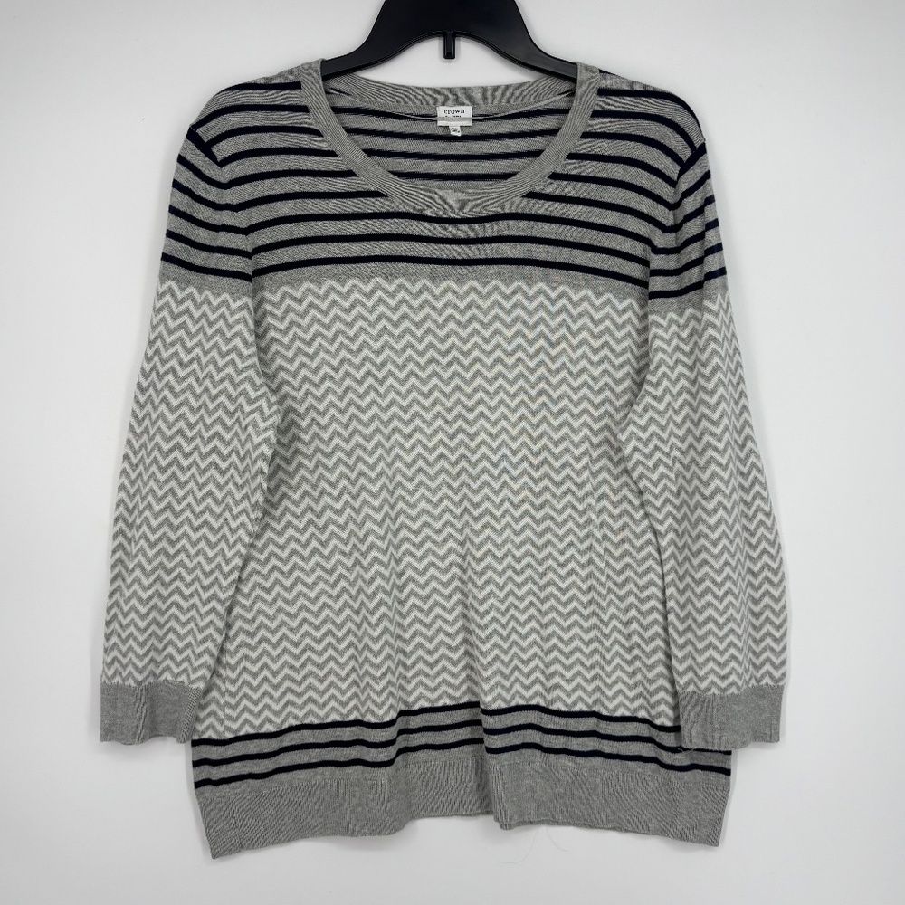 Crown & Ivy Womens XL Fine Gauge Knit Pullover Sweater Gray Blue White Stripes c